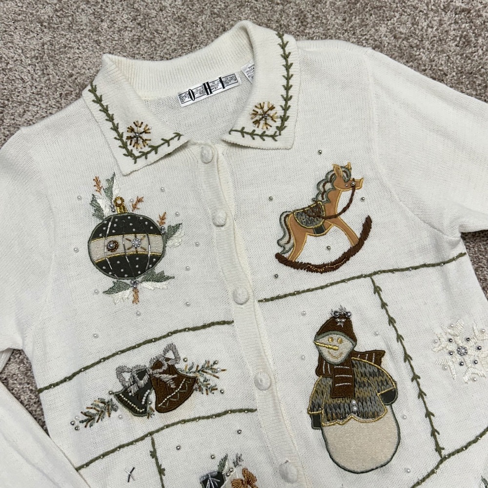 Vintage Christmas Button Sweater Collar Snowman Stocking OHI Women‎ Size Small